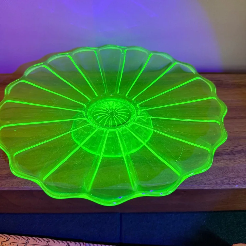 Vintage Green Uranium Glass Cake Stand 10 Inch Scalloped Vaseline Glass Pedestal